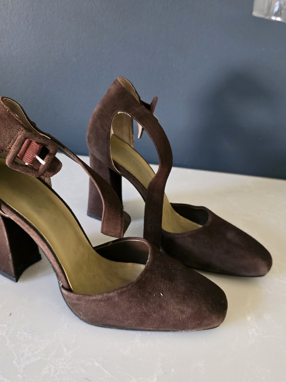 Colin Stuart Dark Brown Suede Block Heel Pumps with Ankle Strap